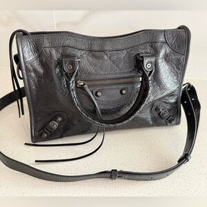 Balenciaga Small Le City Bag Crinkle Leather Black with Brass Hardware